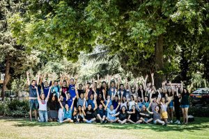 A group of Fellows - North American and Israeli - sit under a tree and pose for the camera with their arms raised.