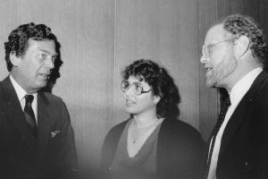 An old black and white photo of Edgar M. Bronfman and two colleagues.